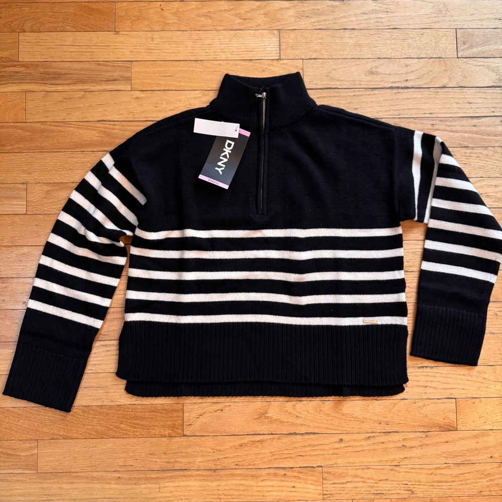 DKNY Womens Striped Quarter Zip Sweater Black White Knit Pullover Small - Picture 2 of 8